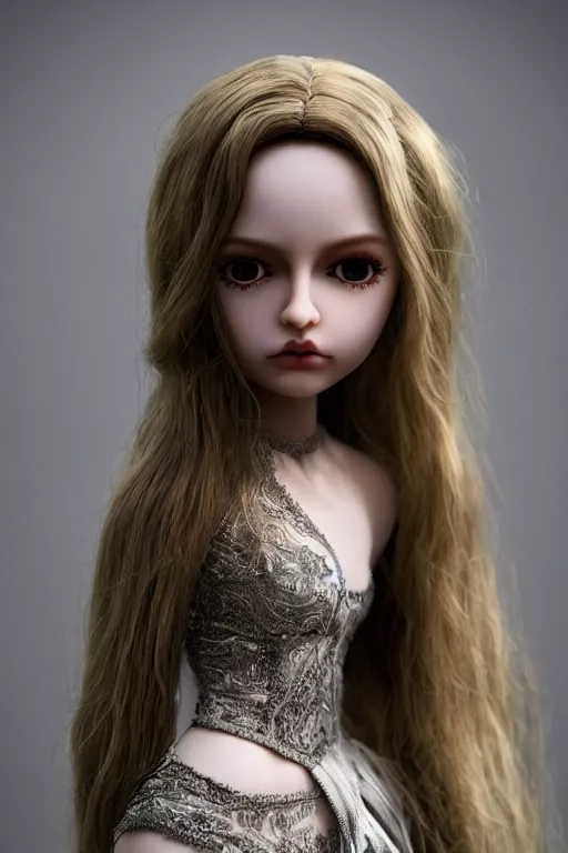 Image similar to beautiful ball jointed doll, long shiny hair, beautiful face, full body, intricate detailed, sharp focus, octane render, high quality, Symmetrical composition, 8k, volumetric lighting, on trending on pinterest, black background