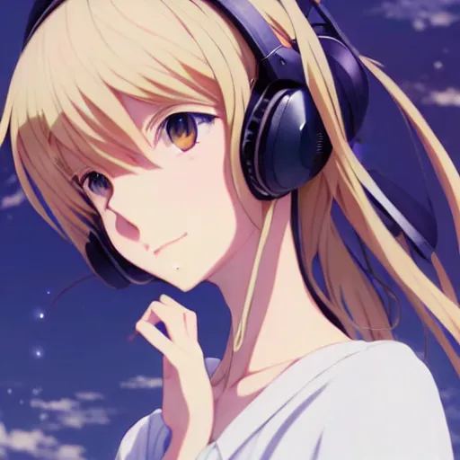 Image similar to painting of a cute girl wearing headphones in the style of violet evergarden, beautiful anime art style, winged eyelashes, countryside, calm, fantasy character portrait, dark outlines, dynamic pose, above view, sunny day, artwork by makoto shinkai, very coherent asymmetrical artwork, sharp edges, perfect face, simple form, 1 0 0 mm