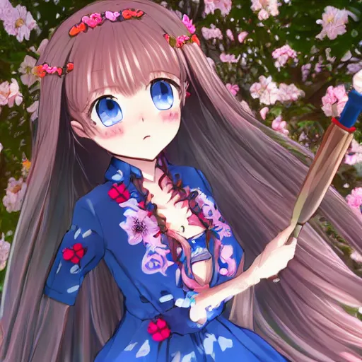 Prompt: holding alternate_costume blue_eyes hair_flower jewelry blush flower_knot full_body eyebrows_visible_through_hair sakuramon hair_ornament blurry_background long_hair holding_umbrella blue_hair japanese_clothes looking_at_viewer flower wedding_band blurry_foreground virtual_youtuber hair_between_eyes sunlight uchikake hair_bell side_ponytail asymmetrical_hair white_kimono floral_print blurry