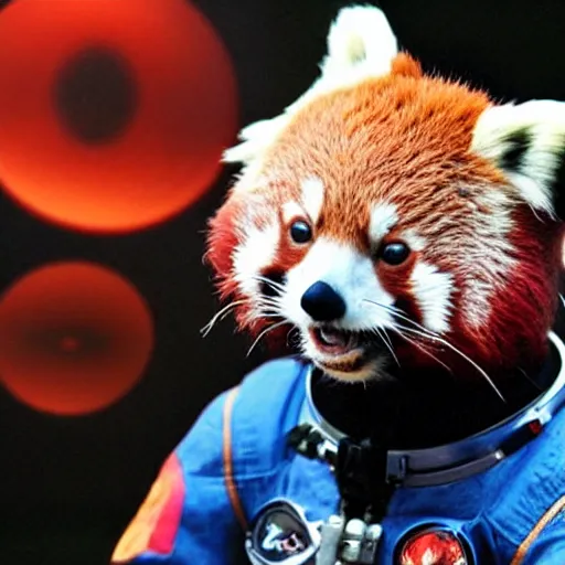 Image similar to red panda in a spacesuit in space having an epiphany