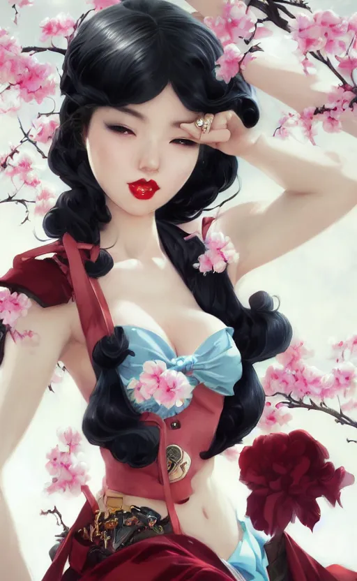 Image similar to a pin up and beautiful fashion and charming and dreamlke japan girl with lv jewelry, character art, art by artgerm lau and kyoung hwan kim and and ilya kuvshinov and john singer sargent, hyperdetailed, 8 k realistic, symmetrical, frostbite 3 engine, cryengine, dof, trending on artstation, digital art