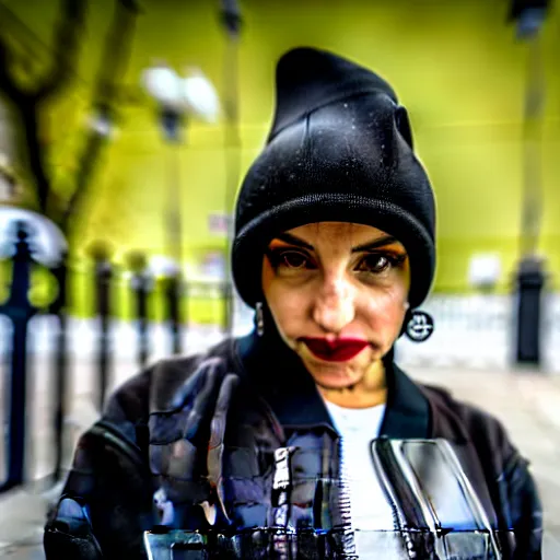 Image similar to Photograph of a mixed woman smoking, wearing a black beanie and black bomber jacket, urban environment, depth of field, 4k, 8k, hd, sigma 85mm f/1.4