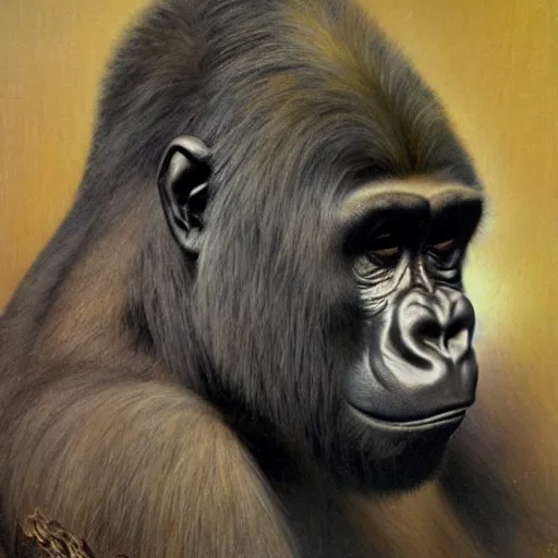 Image similar to highley detailed potrait of a gorilla, painting by gaston bussiere, craig mullins, j. c. leyendecker, lights, art by ernst haeckel, john william godward, hammershøi,