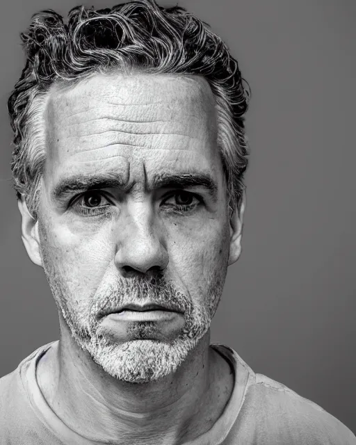 Prompt: prison mugshot of jordan peterson, bright flash, orange prison shirt, low saturation, somber expression, filthy hair, rugged textured face, soft vignette, soft focus, 5 0 mm, 4 k, nypd