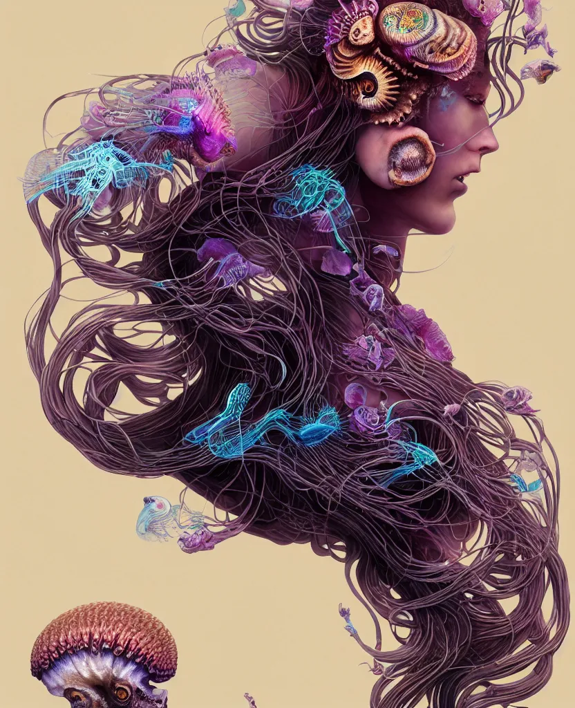 Image similar to goddess princess beautiful woman face close-up portrait ram skull. jellyfish phoenix head, nautilus, orchid, skull, betta fish, bioluminiscent creatures, intricate artwork by Tooth Wu and wlop and beeple. octane render, trending on artstation, greg rutkowski very coherent symmetrical artwork. cinematic, hyper realism, high detail, octane render, 8k