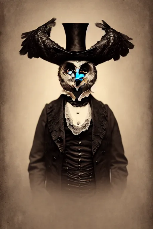 Image similar to wet plate photograph of an anthropomorphic owl dressed in victorian - era clothing, dramatic lighting, highly detailed, digital painting, artstation, concept art, smooth, sharp focus, illustration, art by wlop, mars ravelo and greg rutkowski