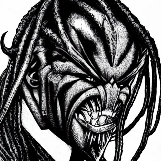 Image similar to wall street journal hedcut portrait of predator from the movie predator