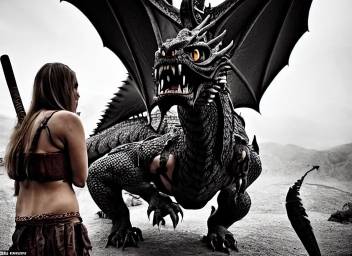 Prompt: scared female barbarian who came only to look at the real dragon, symmetrical, cinematic, real photography