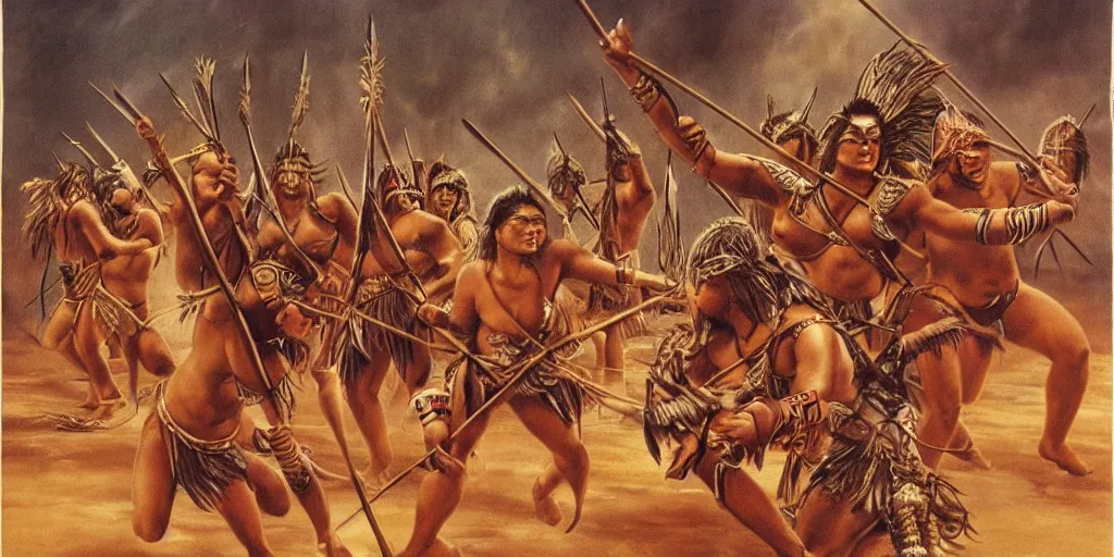 Image similar to movie, powerful beautiful aztec and Amazonian warrior female tribes attack each other,bows and arrows, spears, epic, vintage, Boris vallejo, sepia, apocalypto