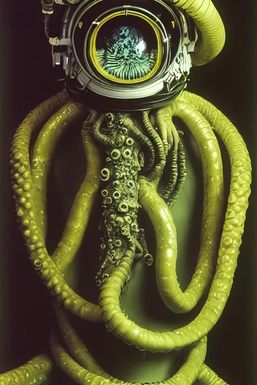 Image similar to extremely detailed studio portrait of space astronaut, alien tentacle protruding from eyes and mouth, slimy tentacle breaking through helmet visor, shattered visor, full body, soft light, disturbing, shocking realization, hyper detailed, award winning photo by letizia battaglia