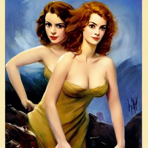 Prompt: frank frazetta painting of christina hendricks and emma watson