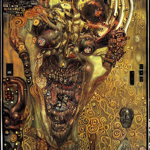 Image similar to depraved cybernetic demon, lsd, circuitry, intricate detail, klimt, frazetta,