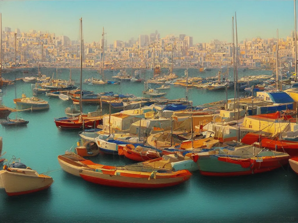 Prompt: A detailed oil painting of the beautiful port of Tel Aviv, harbour, boats, in the style of Michiel Schrijver, isometric, pastel colors