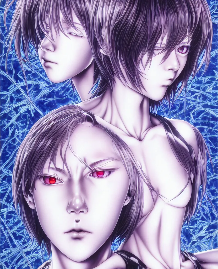 Image similar to symmetrical. realistic detailed image of anime portrait, realistic detailed male character, rei ayanami, depth perception, masterpiece, depth of field, gothic, digital art. art by yoshitaka amano, by yukito kishiro, by yoshiyuki sadamoto, by artgerm, by hajime sorayama