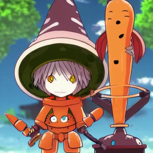 Image similar to cute robot with big tomato hat and a carrot sword, made in abyss style