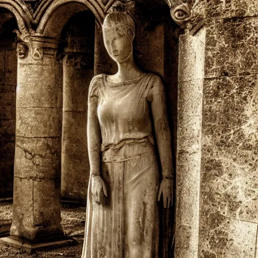 Image similar to delicate Beautiful ancient young woman near giant mysterious and eerie mausoleum, extremely high detail, photo realistic, cinematic, dramatic, post processed