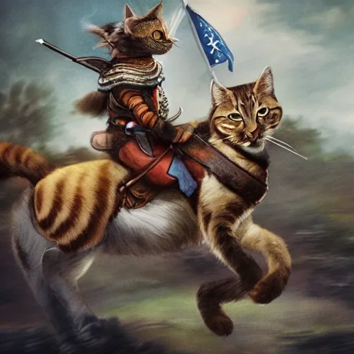 Image similar to photo of a small warrior cat carrying his battle flag while riding a large cat steed that is galloping into battle