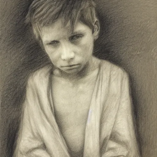 Image similar to portrait drawing of a homeless boy, charcoal, chalk, russian academicism, ilya repin, thomas kennington, dark, mix of hatching and smudging technique, moody, melancholic, hopeless expression, victorian city in the background