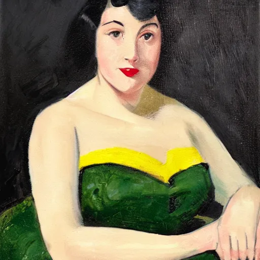 Image similar to a close up of a young woman from the fifties, seated in front of a landscape background, her black hair is a long curly, she wears a dark green dress, pleated in the front with yellow sleeves, puts her right hand on her left hand, oil painting
