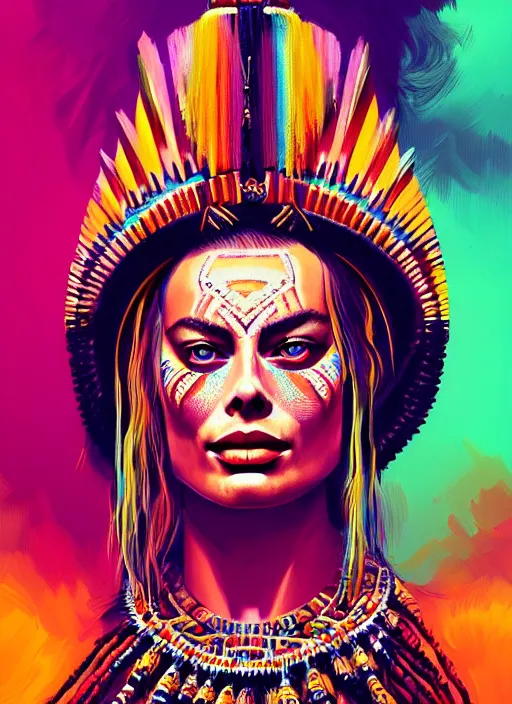 Image similar to portrait of margot robbie, hyper detailed ultra sharp aztec shaman warrior. trending on artstation, warpaint aesthetic, bloodwave, colorful, psychedelic, ornate, intricate, digital painting, concept art, smooth, sharp focus, illustration, art by artgerm and greg rutkowski and h. r. giger, 8 k