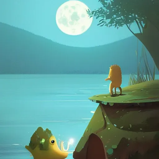 Image similar to cute dino in lake under big full moon, painting by Goro Fujita and pascal campion, sharp focus, highly detailed, ArtStation, simple shapes,great lighting