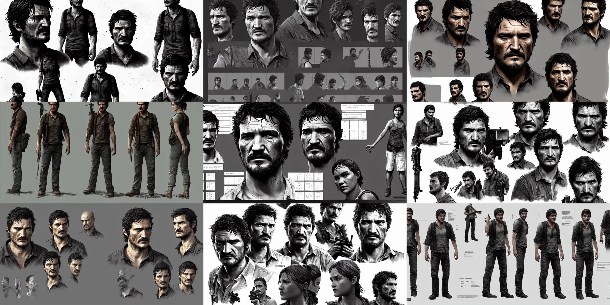 Prompt: pedro pascal in the last of us, character sheet, storyboard, character design, contrast, deep focus, turnaround, highly detailed, dramatic lighting, digital painting, artstation, concept art, matte, sharp focus, illustration, elegant, art by artgerm and greg f and alphonse mucha.