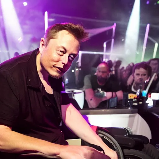 Prompt: elon musk in a wheelchair aka dj elon spinning on the dancefloor