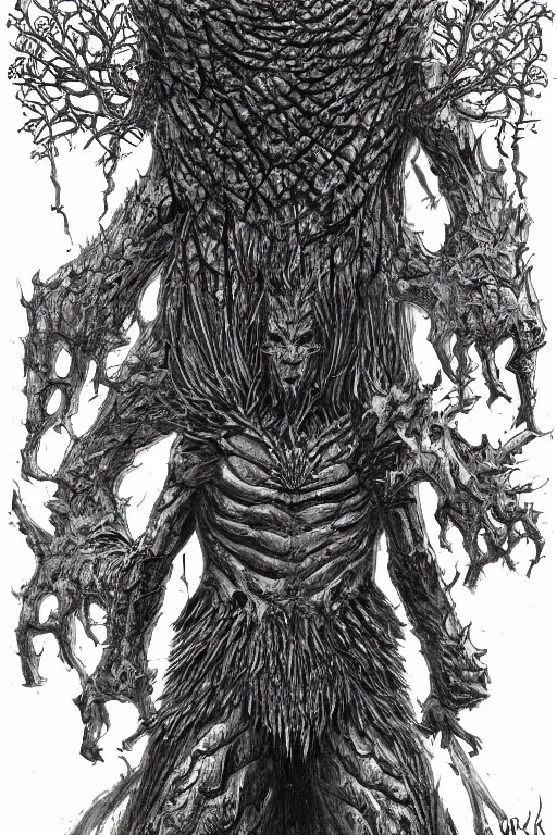 Image similar to armoured tree human figure monster, symmetrical, highly detailed, digital art, tree armour, sharp focus, trending on art station, kentaro miura manga art style