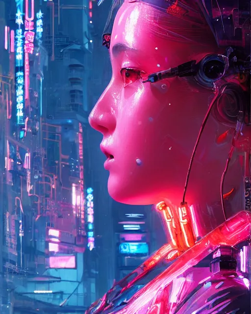 Image similar to detailed side profile portrait Neon Operator Girl, cyberpunk futuristic neon, reflective puffy coat, decorated with traditional Japanese ornaments by Ismail inceoglu dragan bibin hans thoma greg rutkowski Alexandros Pyromallis Nekro Rene Maritte Illustrated, Perfect face, fine details, realistic shaded, fine-face, pretty face