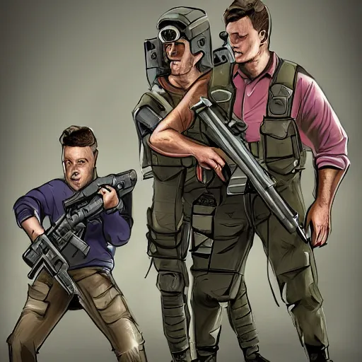 Prompt: a portrait of neighbours fighting with a machine guns digital concept art