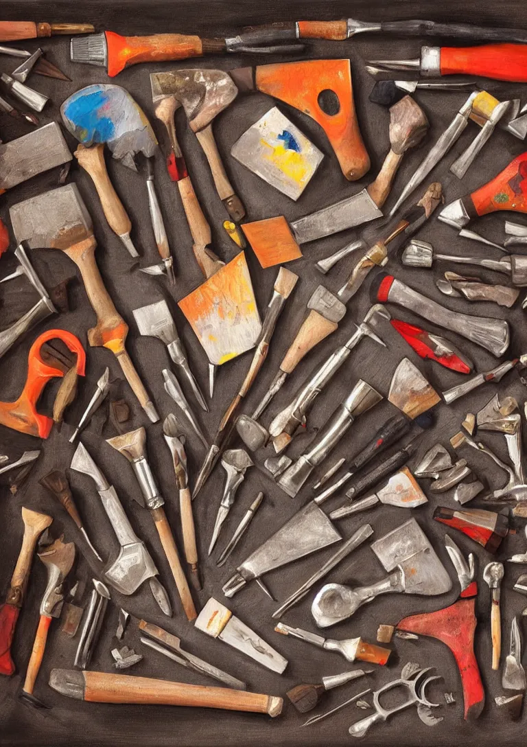 Image similar to a beautiful painting of a toolkit filled with broken hammers, photorealistic, stylized