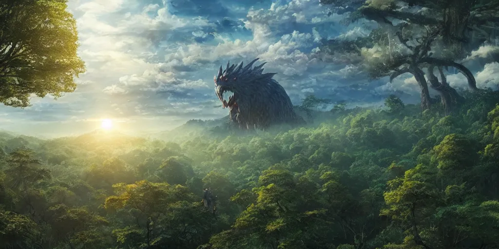 Prompt: giant monster rising from a forest. view from tree tops, 4 k, artgerm, high detail, dramatic lighting, sunset, hayao miyazaki, masashi ando, nizou yamamoto, kazuo oga, joe hisaishi, yoji takeshige, naoya tanaka