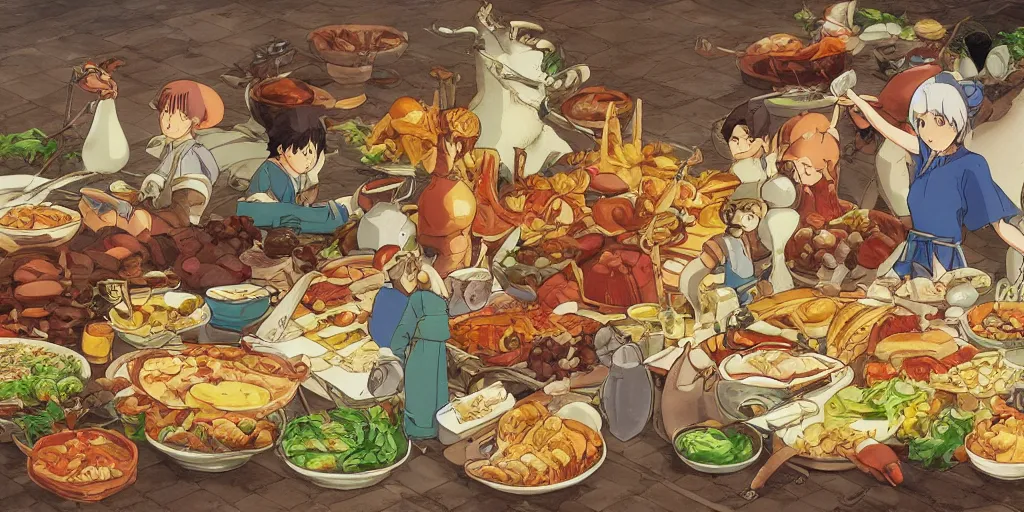 Image similar to A feast for the whole kingdom, very detailed, anime, Delicious, Plump, Juicy, Hot Food, large white border, hd, high resolution print :1 by Hayao Miyazaki, Nausicaa, studio Ghibli style, Anime wallpaper, cell shading, trending on deviant art :1