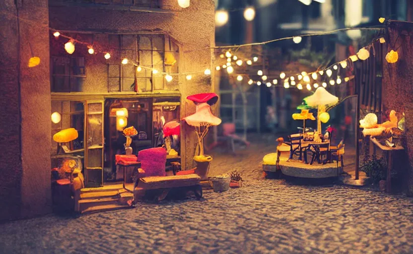 Image similar to mini cafe diorama macro photography, alleyway, cafe for felted animals, ambient, colorful paper lanterns, atmospheric photograph, string lights, romantic