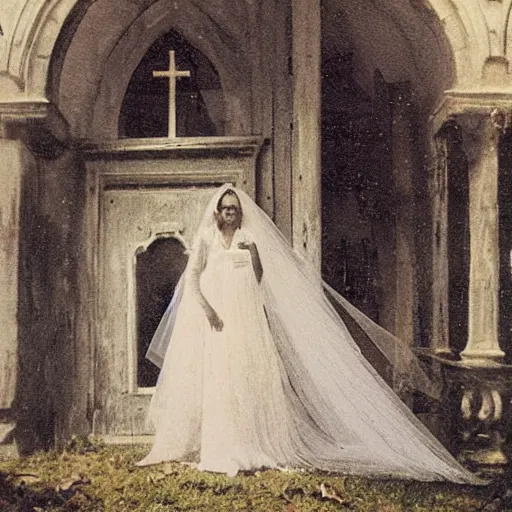 Image similar to picture of ghostly bride in front of an old wooden white church, 1 9 th century southern gothic scene, made by achenbach, andreas