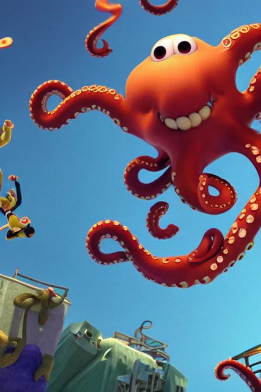 Prompt: Excited octopus jumping from the plane on parachute. Pixar Disney render 3d animation movie Oscar winning