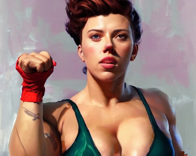 Prompt: greg manchess portrait painting of smiling scarlett johansson as beautiful thick female bodybuilder zarya from overwatch, medium shot, asymmetrical, profile picture, organic painting, sunny day, matte painting, bold shapes, hard edges, street art, trending on artstation, by huang guangjian and gil elvgren and sachin teng