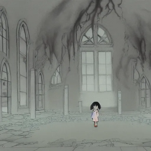 Prompt: ghost of a young girl, a burnt out church, wisps of smoke, spooky, photorealism, cel shaded, studio ghibli, hayao miyazaki