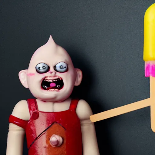 Image similar to ice cream popsicle shaped like screaming chucky doll, octane render