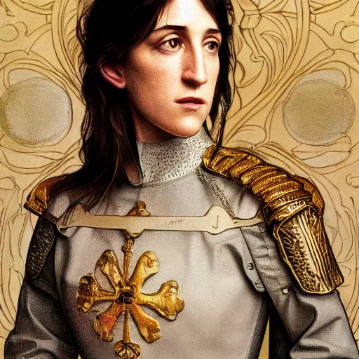 Image similar to portrait of charlotte gainsbourg as joan of arc, hyperreal digital painting, iconography influenced by alphonse mucha and eugene delacroix, arstation and deviantart trends, high resolution 8 k