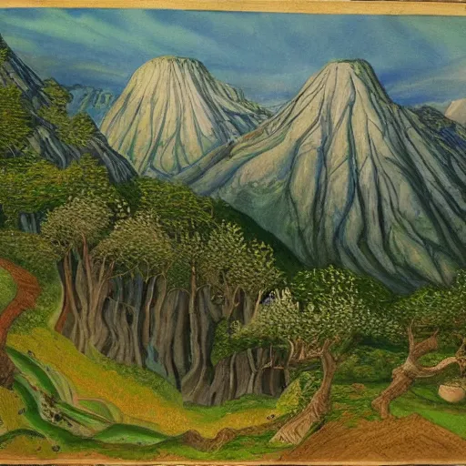 Image similar to Rarely Seen Paintings by Tolkien Portray a Lush ‘Lord of the Rings’ Landscape