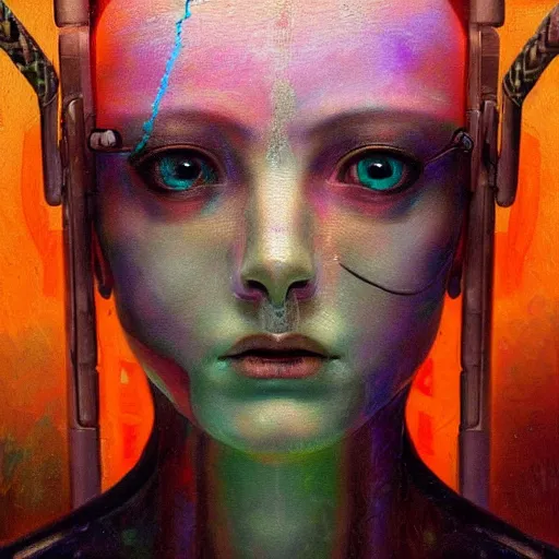 Prompt: painting of a close - up on the face of a cyberpunk girl, into a trance, connected by cables in her head, in the style of agostino arrivabene, renaissance, dark, surrealism, low contrast