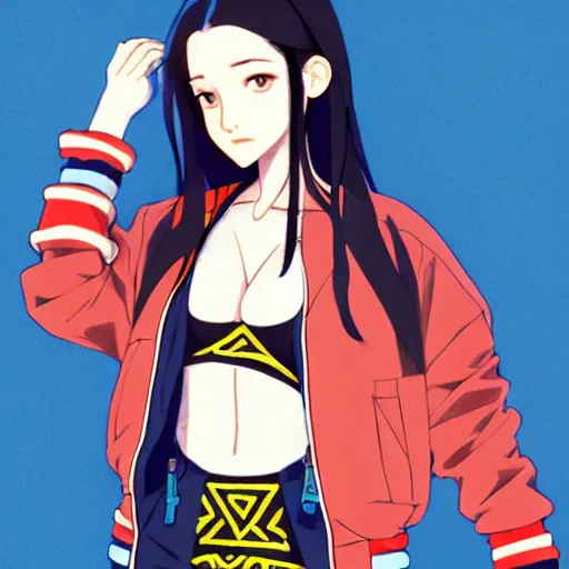 Image similar to a beautiful boyish kat dennings alluring gravure model, wearing oversized mayan bomber jacket and leotard with overalls, bulky poofy aztec native style bomber jacket with mayan patterns, gapmoe yandere grimdark, trending on pixiv fanbox, painted by greg rutkowski makoto shinkai takashi takeuchi studio ghibli, akihiko yoshida