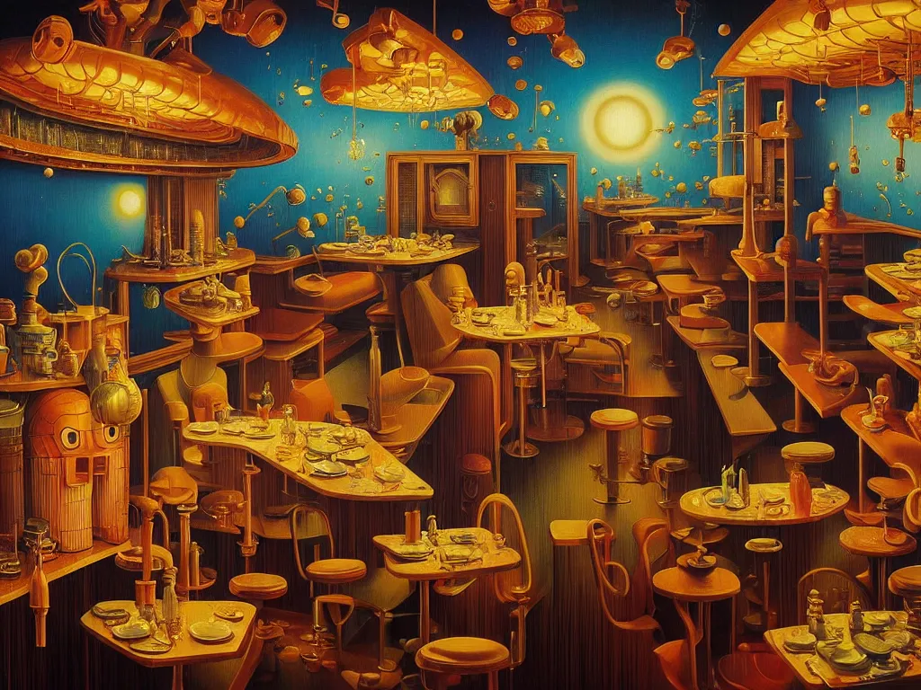 Image similar to hyper detailed 3d render like a Oil painting - diner at the end of the universe by Jacek Yerka, Mariusz Lewandowski, Houdini algorithmic generative render, Abstract brush strokes, Masterpiece, Edward Hopper and James Gilleard, Zdzislaw Beksinski, Mark Ryden, Wolfgang Lettl, hints of Yayoi Kasuma, octane render, 8k