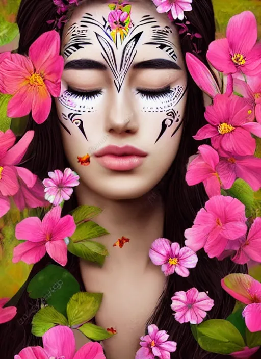 Image similar to a beautiful portrait of a beautiful woman with eyes closed in the jungle surrounded by pink flowers, tribal face paintings, matte painting, fantasy art