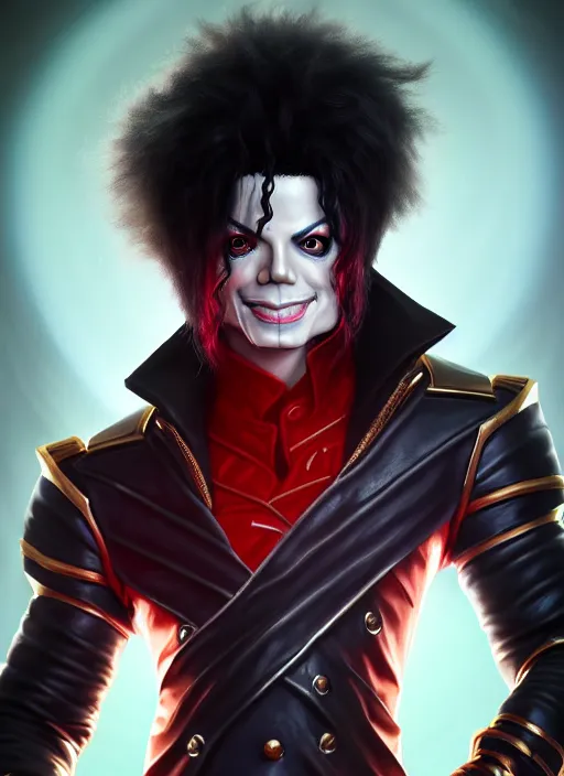 Image similar to portrait of pentakill michael jackson from league of legends, au naturel, hyper detailed, digital art, trending in artstation, cinematic lighting, studio quality, smooth render, unreal engine 5 rendered, octane rendered, art style by klimt and nixeu and ian sprigger and wlop and krenz cushart and riot