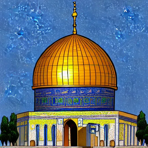 Image similar to a beautiful illustration of dome of the rock jerusalem and f a muslim is praying in front of it, digital art, trending on artstation