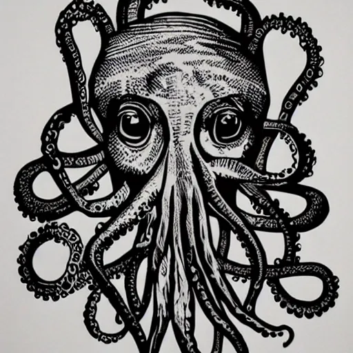 Image similar to octopus with a cat head, linocut