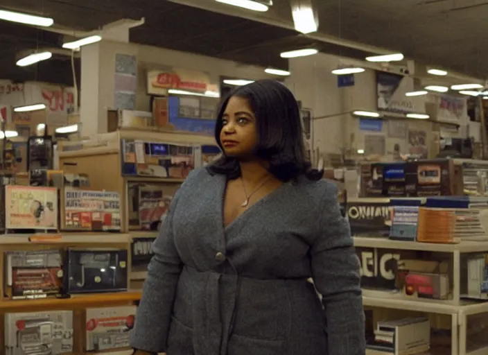 Image similar to cinematic shot of octavia spencer in an small used electronics store, iconic scene from the paranoid thriller sci fi film directed by stanley kubrick, anamorphic cinematography, beautiful composition, color theory, leading lines, photorealistic, volumetric lighting