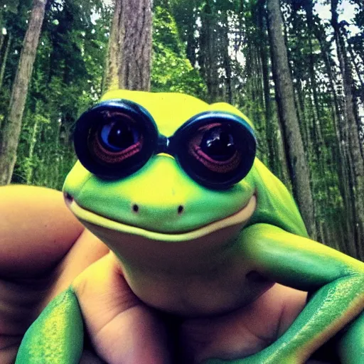 Prompt: selfie of 2 frogs in the forest